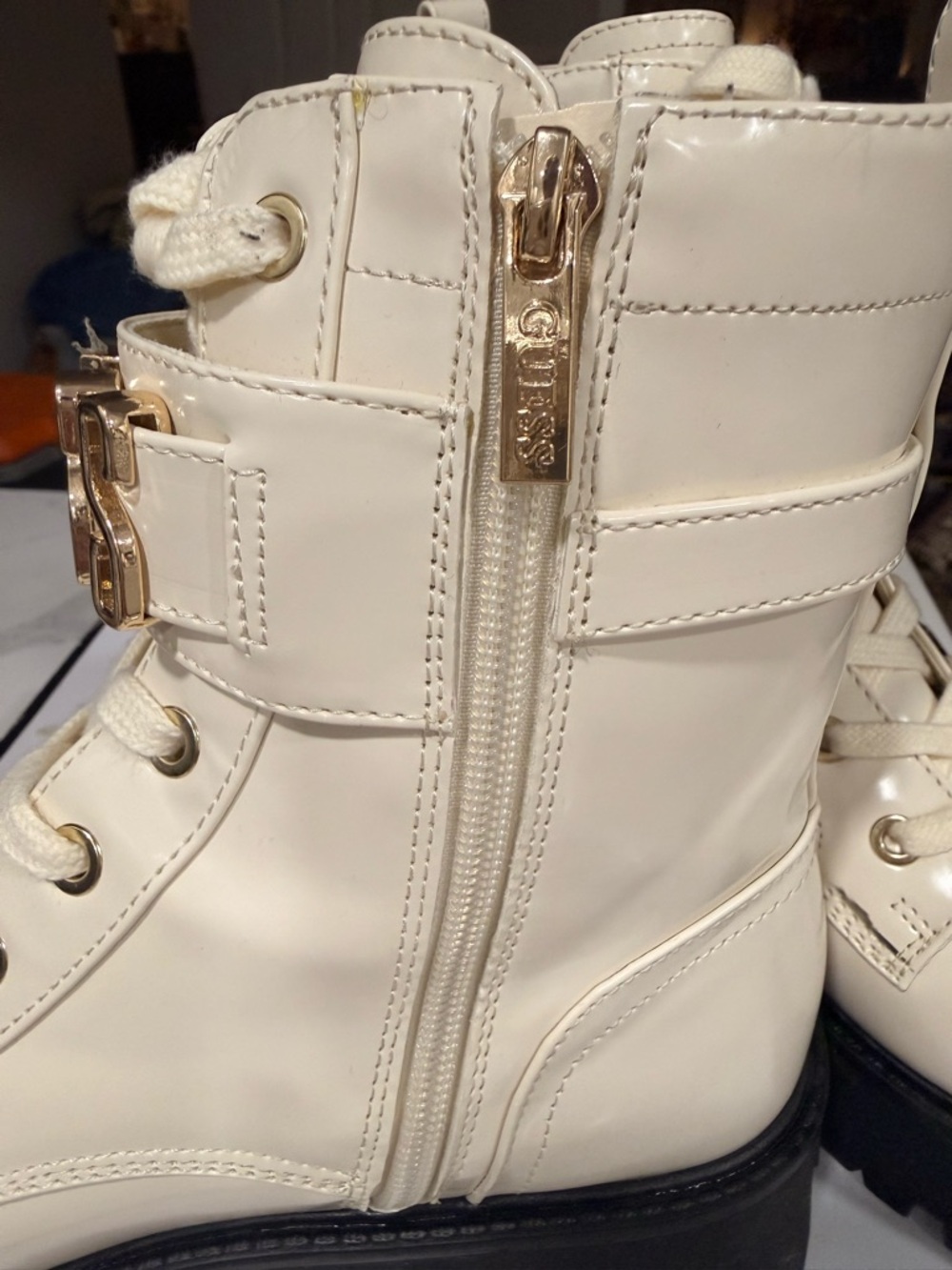 GUESS Cream Combat Boot with Black Lug Sole and Gold Logo Cuff - Picture 7 of 10